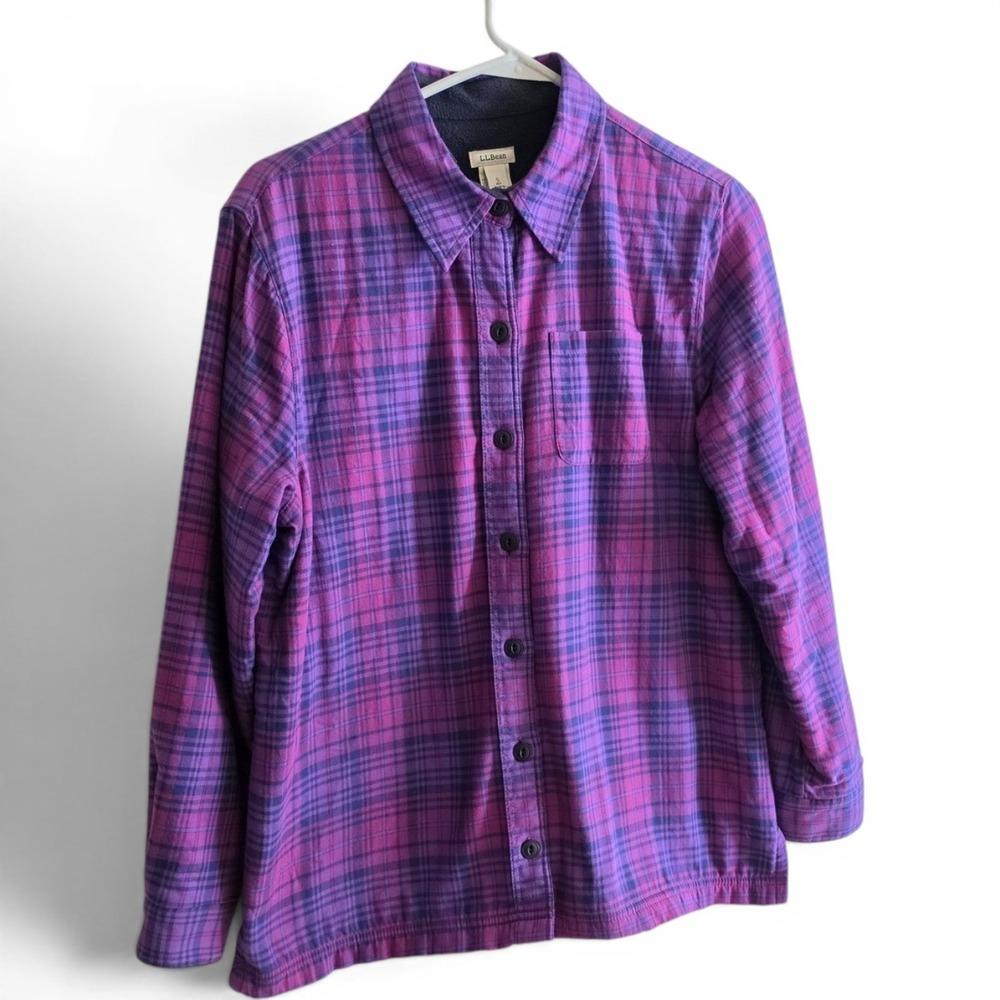 L.L. Bean Purple Plaid Fleece Lined Flannel Button-Front Shacket Women's Small